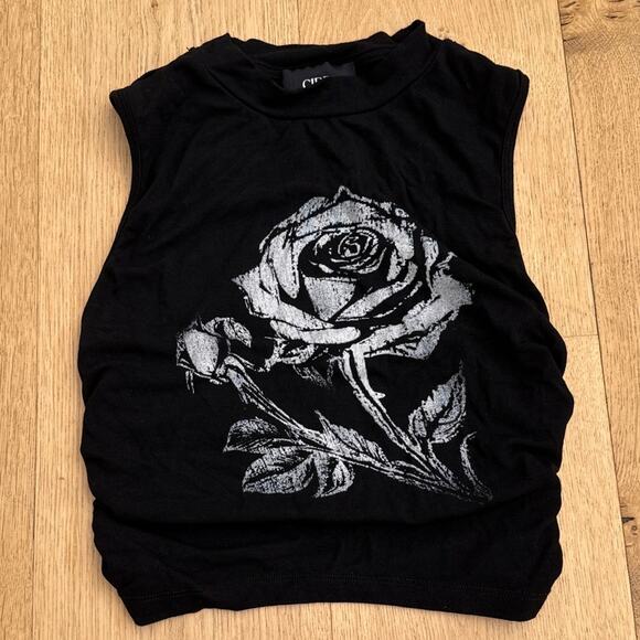 Cider - Round Neck Rose Graphic Ruched Crop Tank in Black & White - Picture 1 of 4